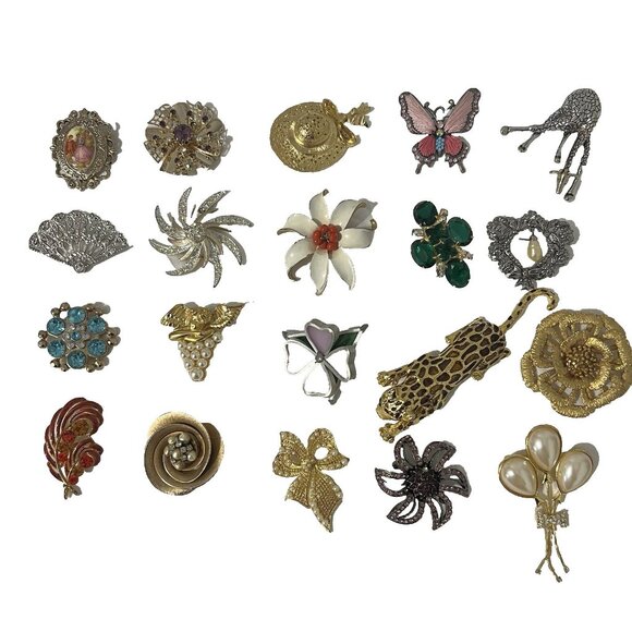 Vintage Brooch Lot Of 20 Mixed Styles Signed Unsigned Rhinestone Flower Pins - Picture 1 of 8